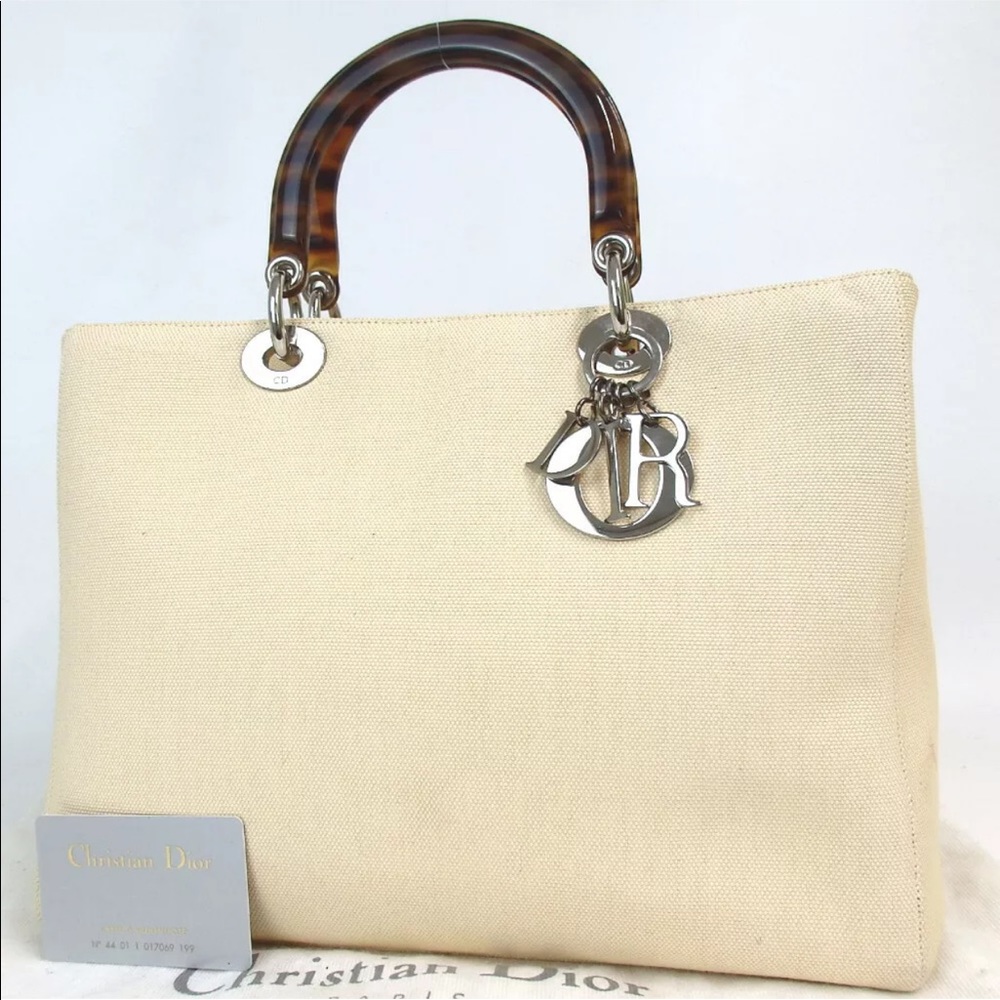 Authentic Dior Lady Dior Tortoise handle canvas BG